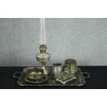 A mixed collection of pewterware and a vintage tin box. Includes a tray, toast rack, lantern etc.