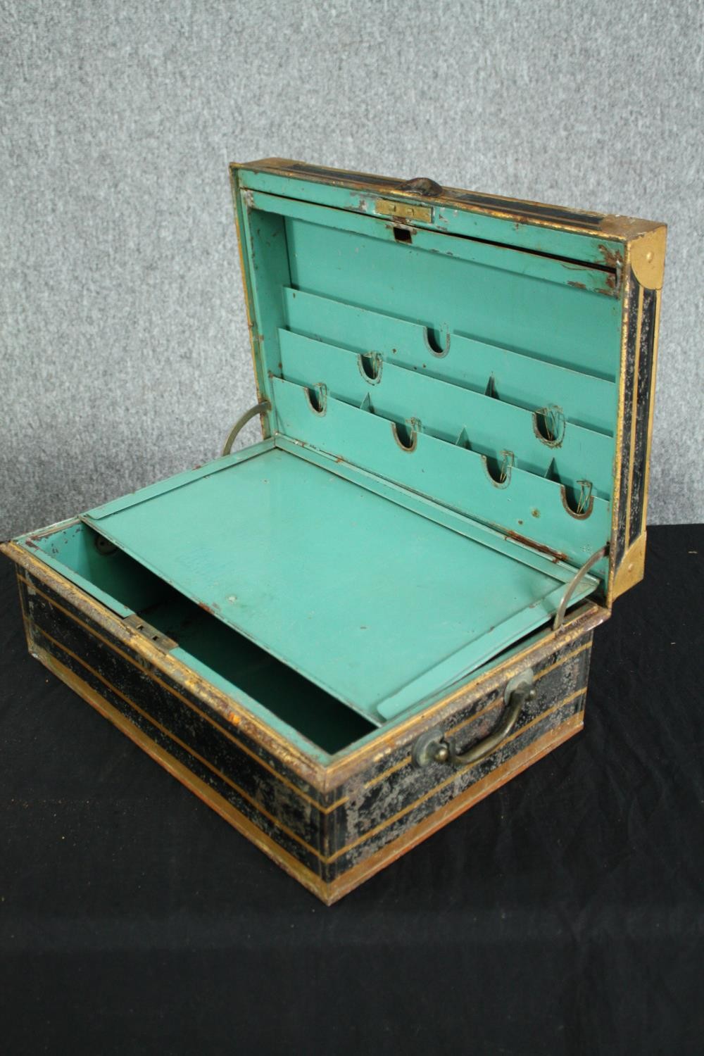 A Victorian metal deeds box with fitted interior. H.18 W.46 D.32cm. - Image 5 of 7