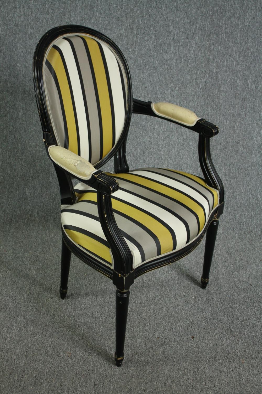 A set of four contemporary Louis XVI style armchairs with ebonised frames in striped upholstery. H. - Image 3 of 6