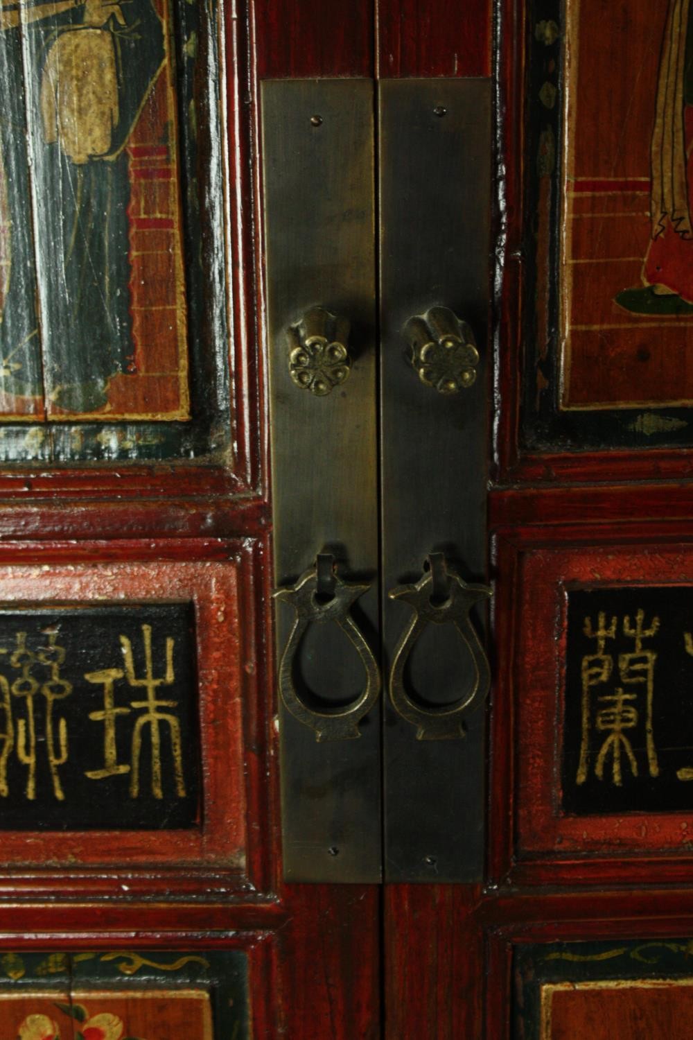 Hall or linen cupboard, C.1900 Chinese lacquered with hand decorated panel doors enclosing a shelved - Image 11 of 13