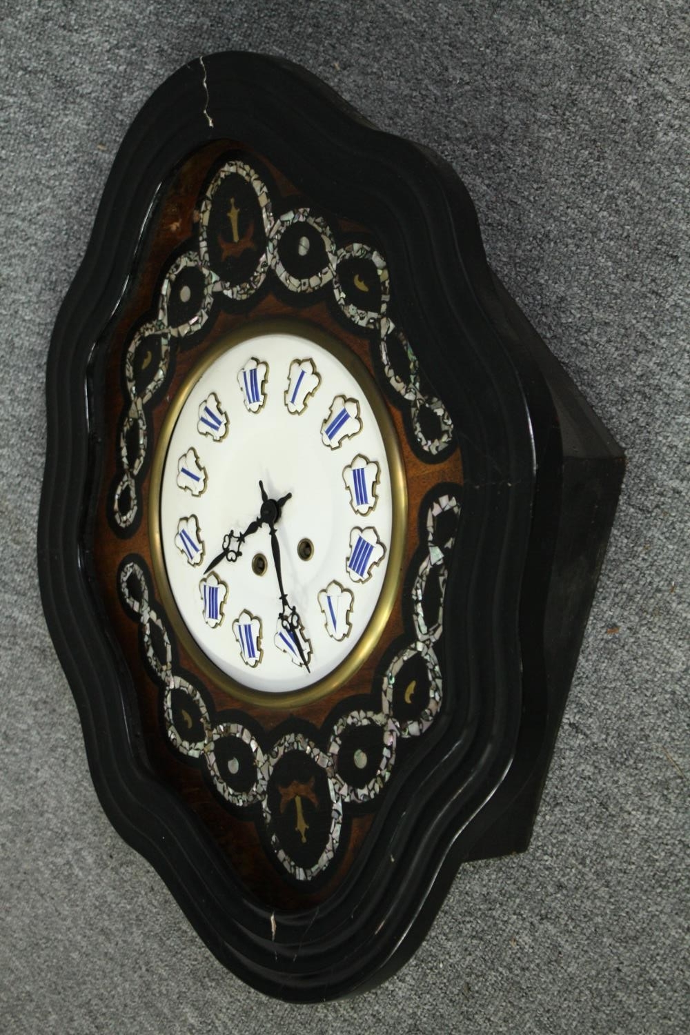 A Napoleon III French ox-eye clock with mother of pearl inlay. Each of white enamel bubbles with a - Image 3 of 7