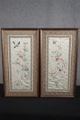 Needlework art. Chinese silk Embroidery. Birds on a branch. Framed and glazed. H.70 W.36cm. (each)