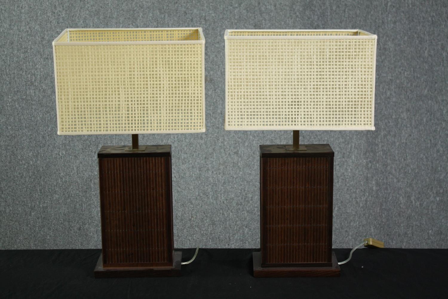 A pair of square table lamps with matching shades. H.62cm. (each)