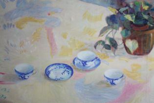 Oil painting on canvas. Still life with tea and flowers. Signed indistinctly lower left. H.73 W.
