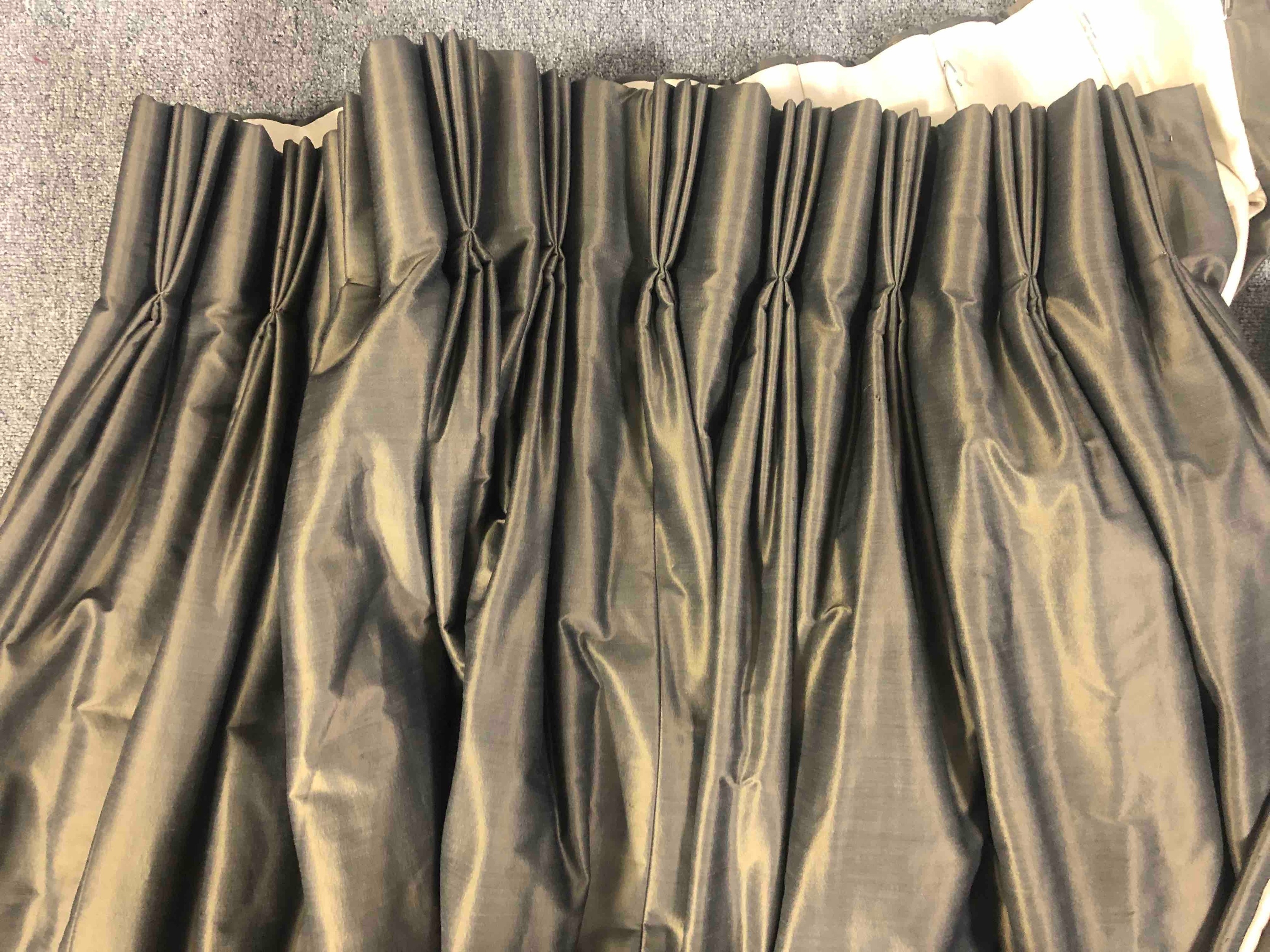 A pair of shot silk gold fully lined curtains with black silk velvet borders to the bottom. L.210 - Image 3 of 6