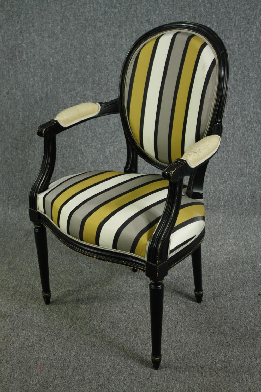 A set of four contemporary Louis XVI style armchairs with ebonised frames in striped upholstery. H. - Image 4 of 6