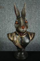 A rabbit bust in Napoleonic uniform. Poly-resin and hand painted. H.42cm.