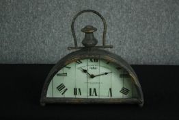 A modern industrial style half moon shelf clock. H.34 W.36 D.8cm.