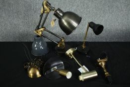 A collection of four lamps and a metal shade. H.48cm. (largest)