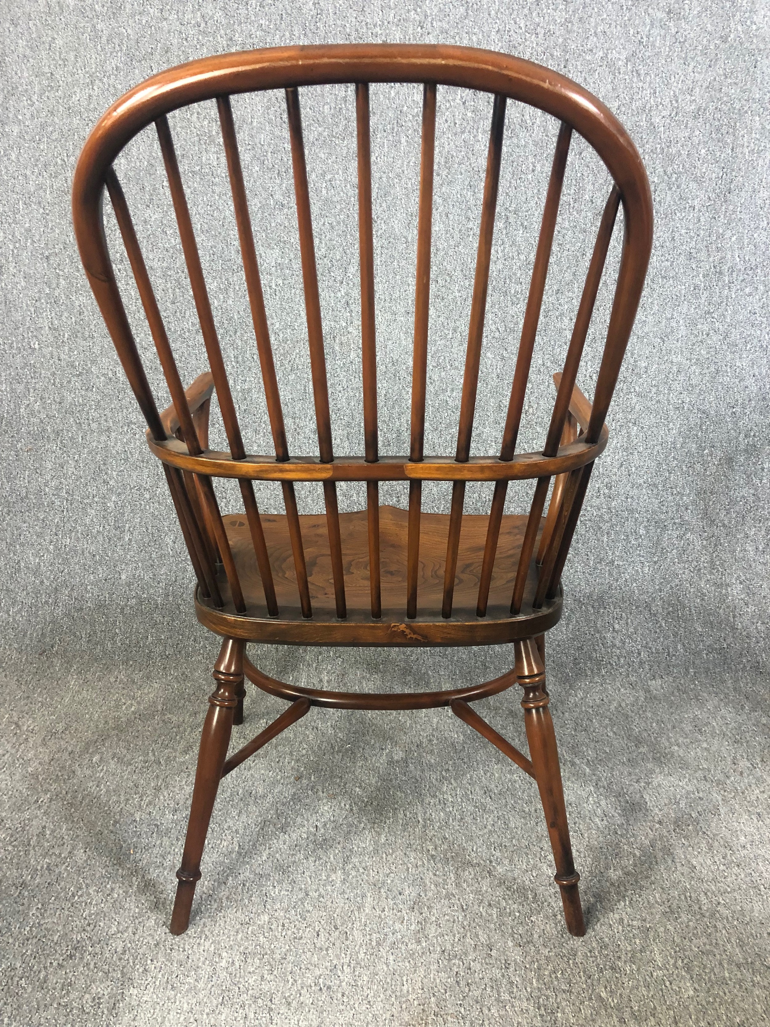 Dining chairs, a set of eight Windsor stick back style in yew with elm saddle seats on crinoline - Image 11 of 12