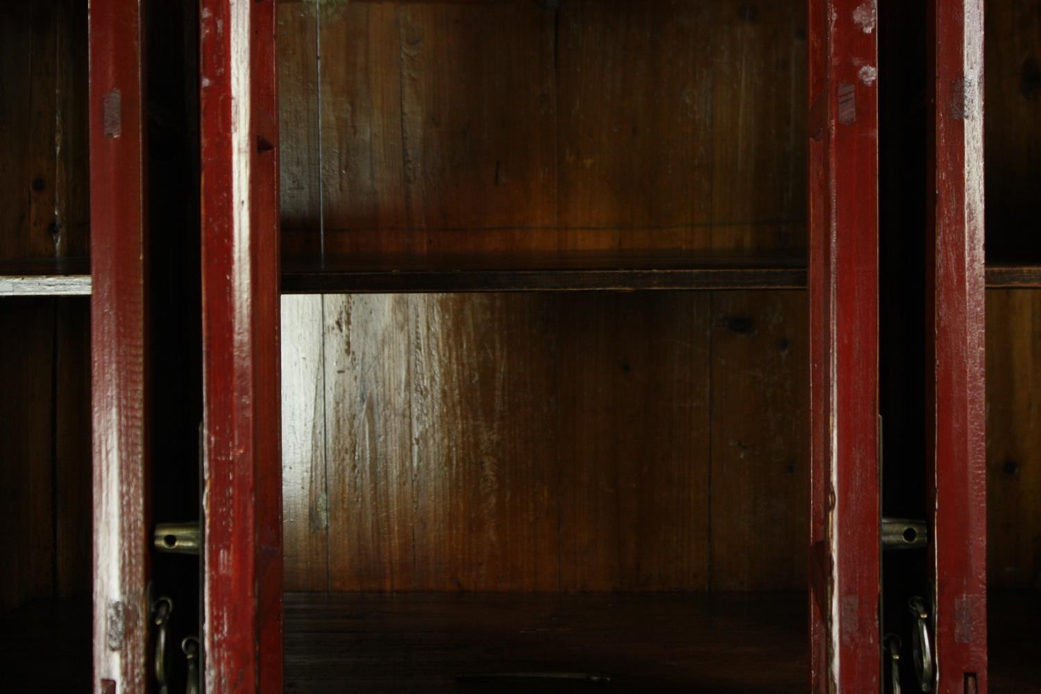 Hall or linen cupboard, C.1900 Chinese lacquered with hand decorated panel doors enclosing a shelved - Image 12 of 13