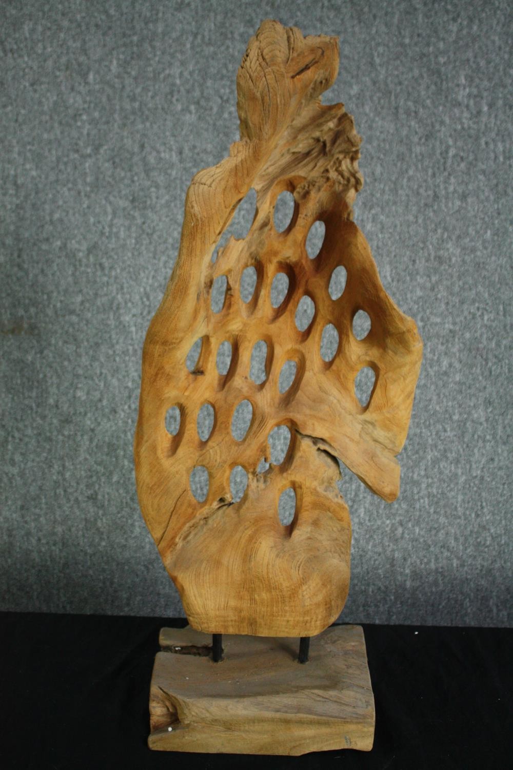 A driftwood abstract sculpture. Honeycombed on a hardwood stand. H.80cm. - Image 3 of 4