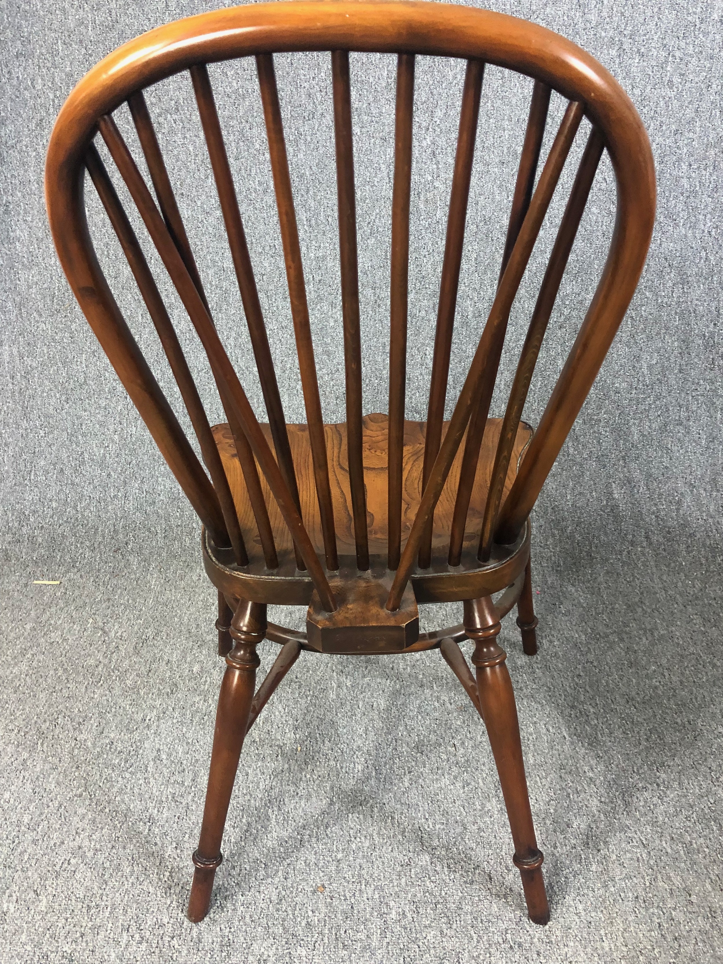 Dining chairs, a set of eight Windsor stick back style in yew with elm saddle seats on crinoline - Image 6 of 12