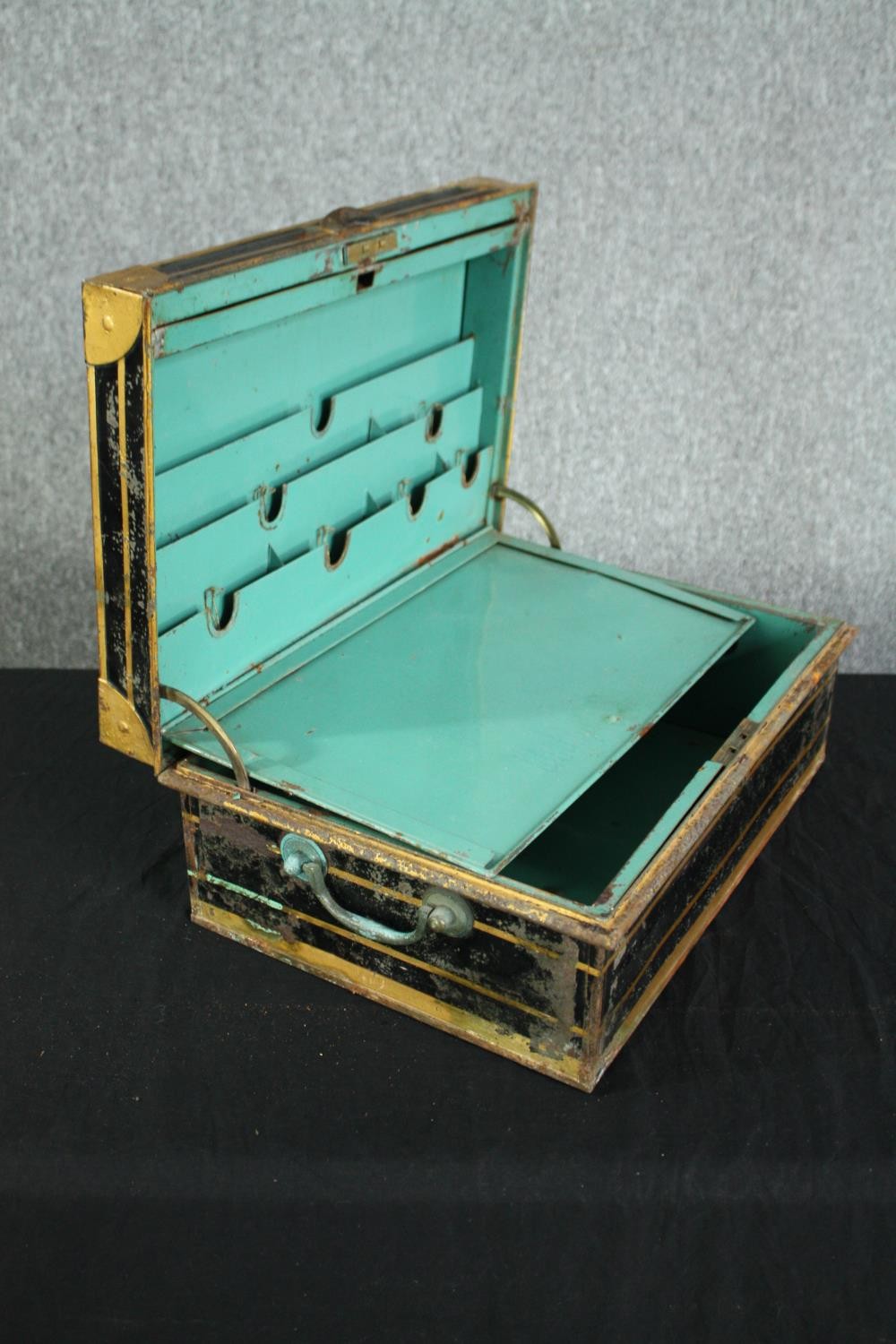 A Victorian metal deeds box with fitted interior. H.18 W.46 D.32cm. - Image 4 of 7