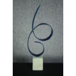 Abstract sculpture. Aluminium enamelled in blue on a ceramic plinth. H.73cm.