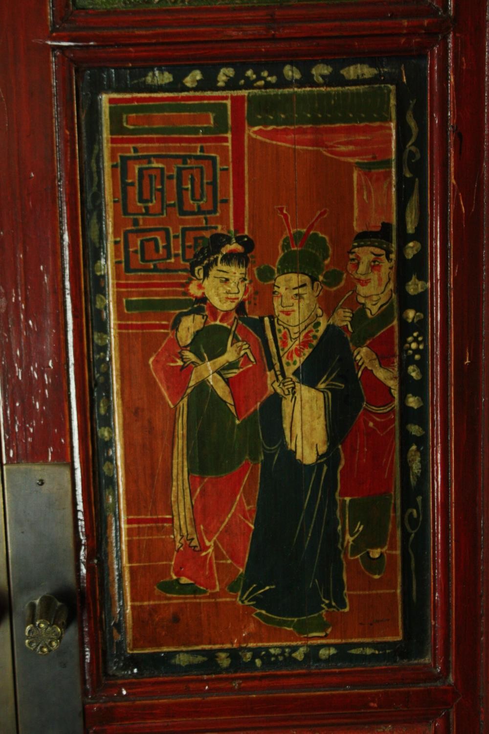 Hall or linen cupboard, C.1900 Chinese lacquered with hand decorated panel doors enclosing a shelved - Image 8 of 13
