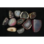 A collection of eleven agate geode pieces and slices, some dyed. L.10cm. (largest)