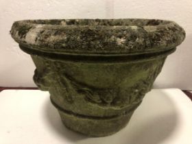 An old composite stone garden planter. Well aged and worn. H.34 Di.48cm.