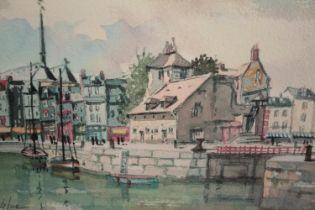 Watercolour. A harbour scene. Mounted, but unframed. Signed in pencil low right. H.30 W.40cm.
