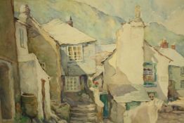 Watercolour. A village scene with a mountain range in the distance. Unsigned. Twentieth century.