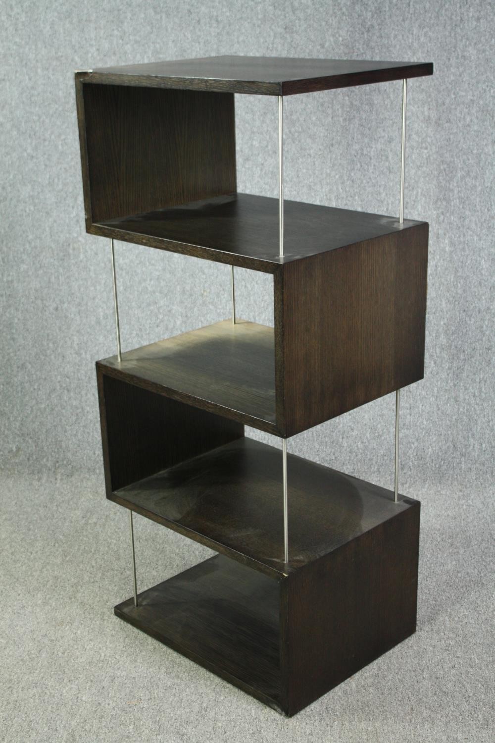 A contemporary teak and chrome display stand. H.133 W.60 D.45cm. (Some veneer lifting but present as - Image 3 of 6