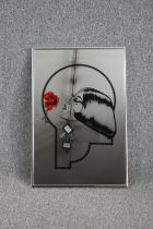 Advertising mirror decorated with an Art Deco print of a woman with a rose. H.77 W.51cm.