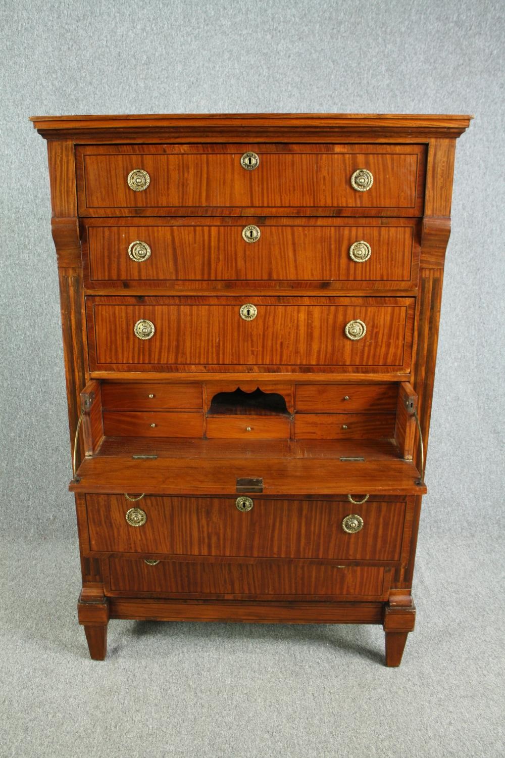 An early 19th century satinwood and crossbanded Biedermeier secretaire chest of six drawers with a - Image 6 of 8