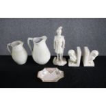 A small Liberty store dish, a pair of owl bookends, a Cobridge Alloa white jug and a sikh soldier