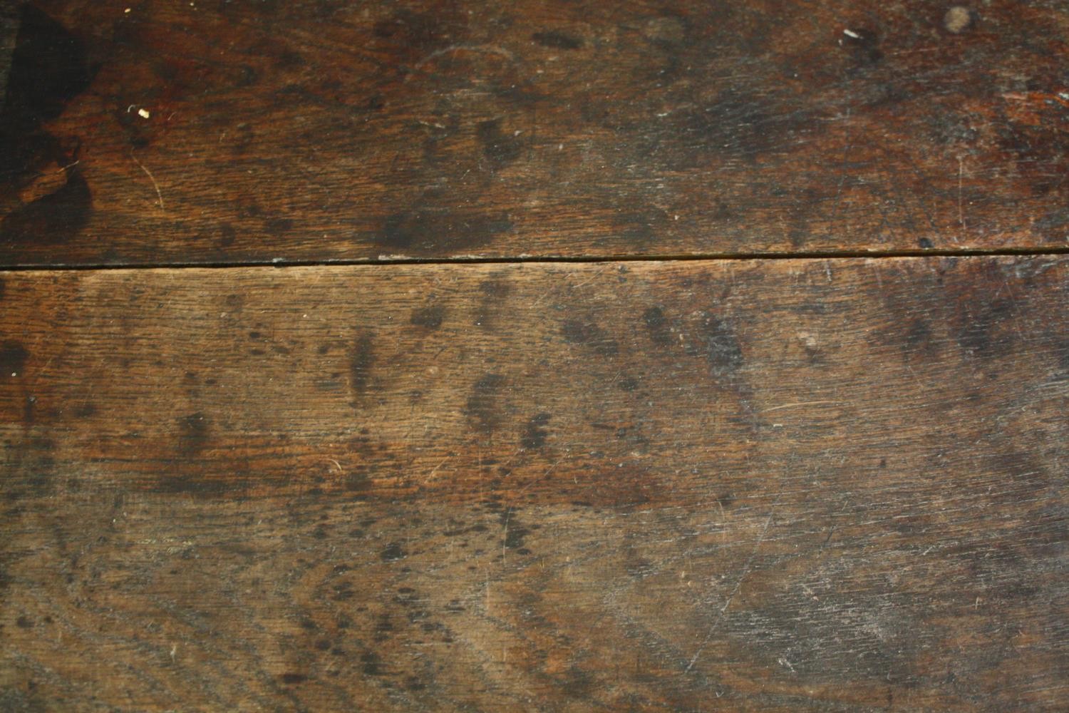 Side table, William and Mary oak with plank top on bobbin turned and stretchered base. Probably with - Image 5 of 9