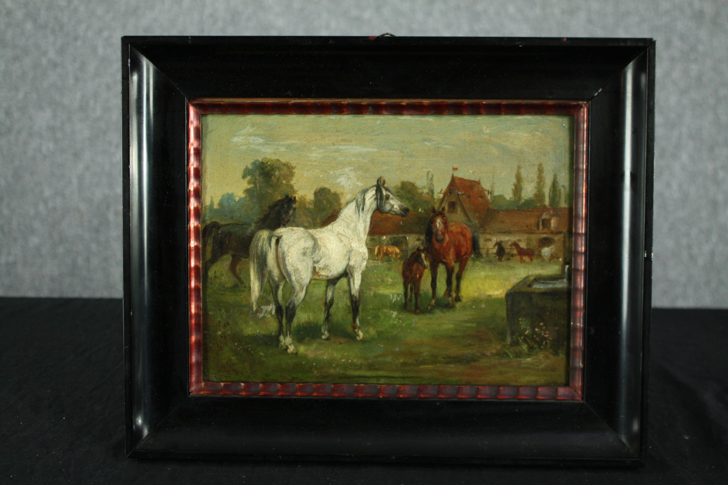 Oil on board, early 20th century, horses in a rural setting, framed with a hand written note to - Image 2 of 4