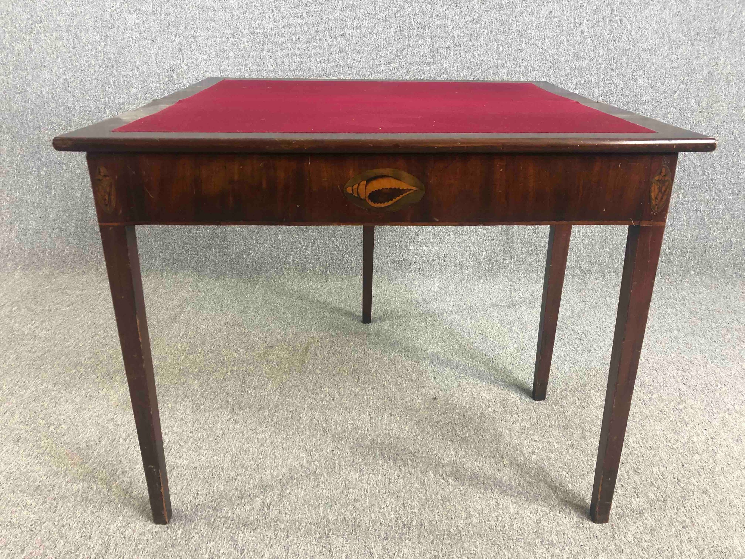 Card table, Georgian mahogany with satinwood and olivewood conch shell inlay. H.72 W.93 D.90cm. - Image 6 of 9