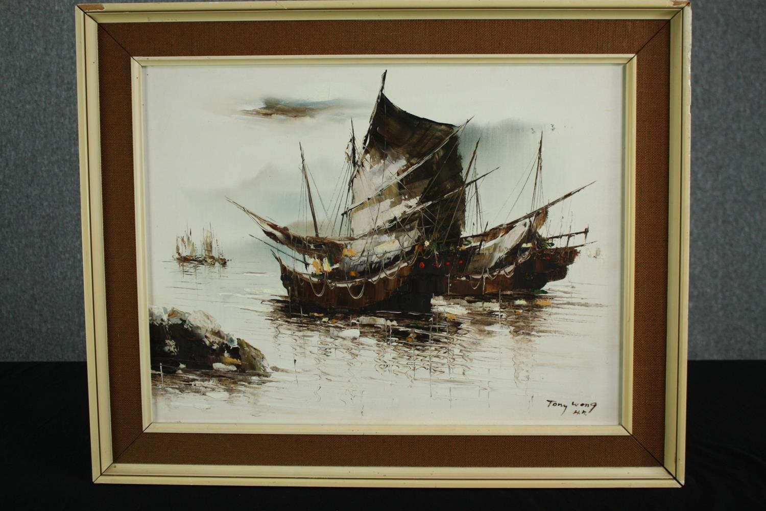 Tony Wong. Chinese Junk boats in still waters. Oil on canvas. Signed lower right and marked ‘H. - Image 2 of 4