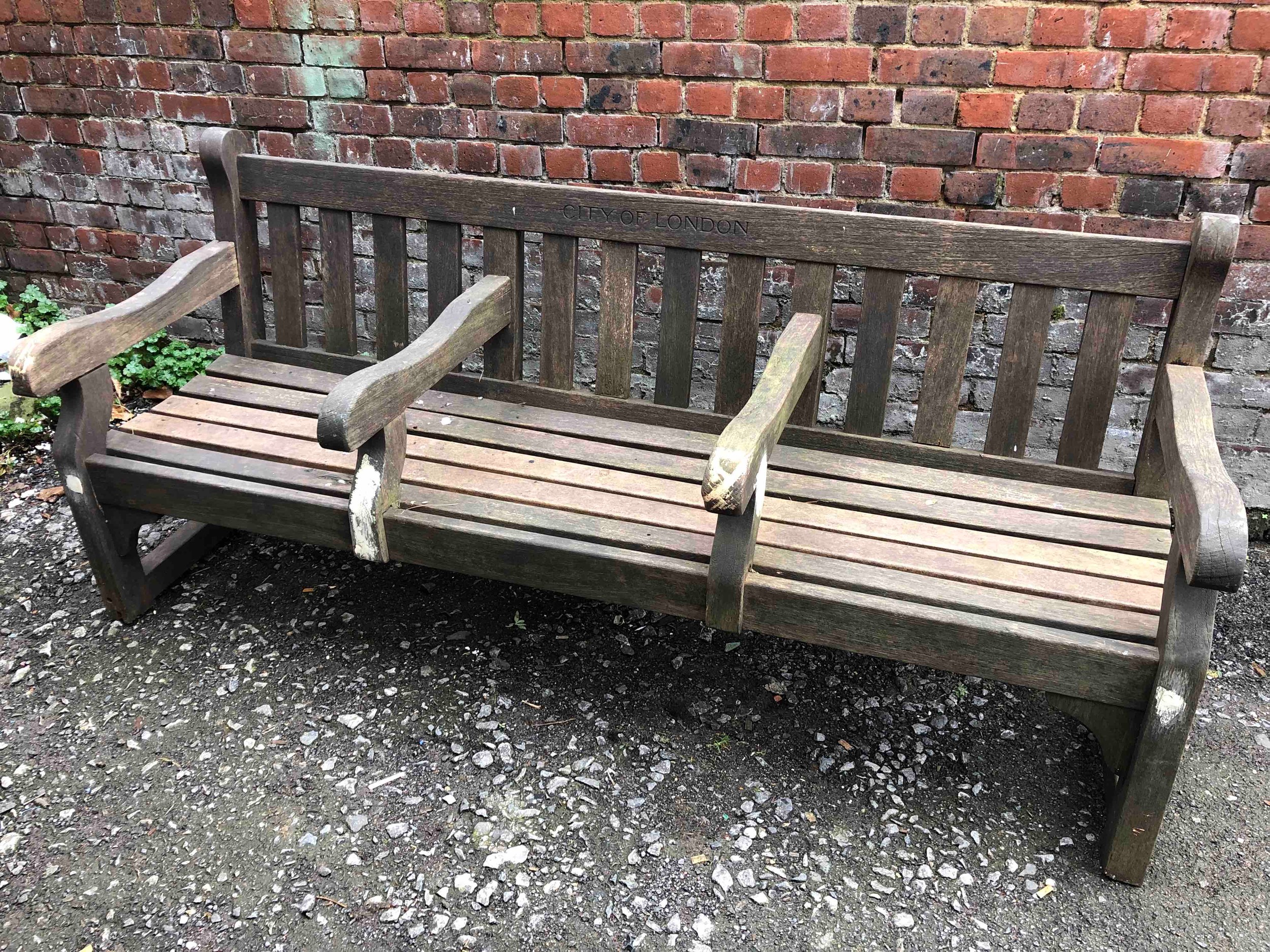City of London vintage park bench seats in weathered teak. H.87 W.196 D.73cm. - Image 3 of 4