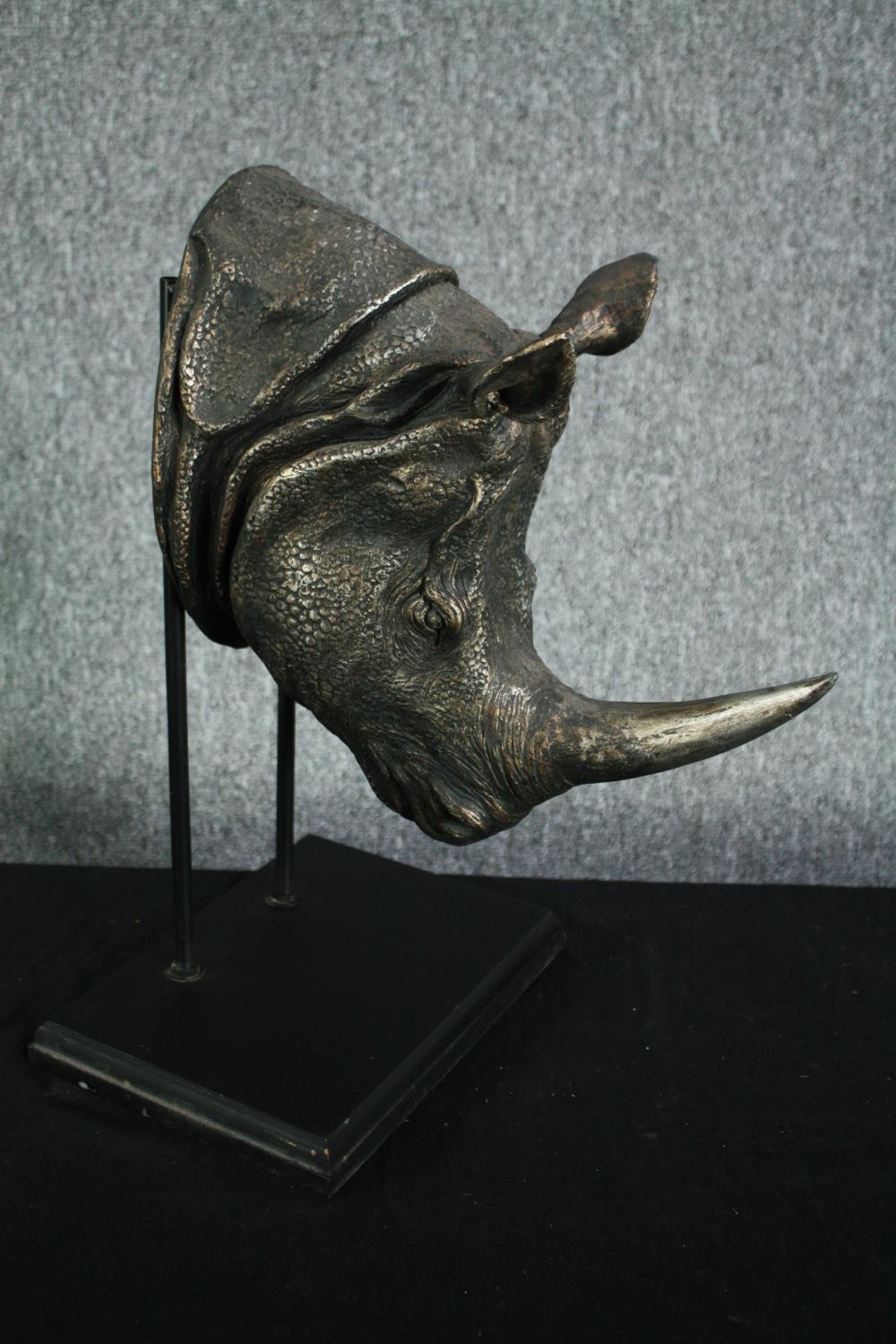 A moulded Rhino head on a wooden display stand. H.40cm. - Image 2 of 3