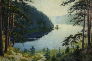 Oil painting on board. An impressionist style view of a lake. Signed 'L. Achtenhagen'. Undated but