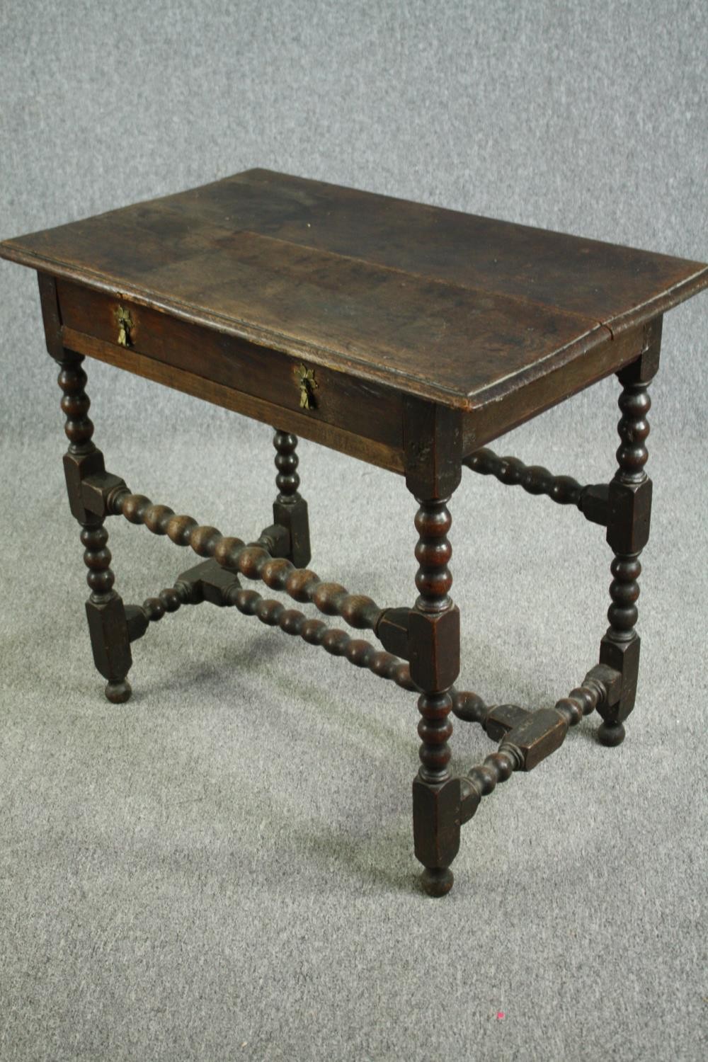 Side table, William and Mary oak with plank top on bobbin turned and stretchered base. Probably with - Image 3 of 9