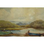 E. G. Webb. A landscape watercolour. A boat at shore with figures. Signed lower left. Mounted,