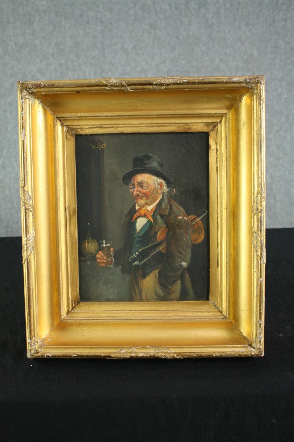 An early to mid nineteenth century oil on canvas portrait of what looks like an inebriated musician. - Image 2 of 3