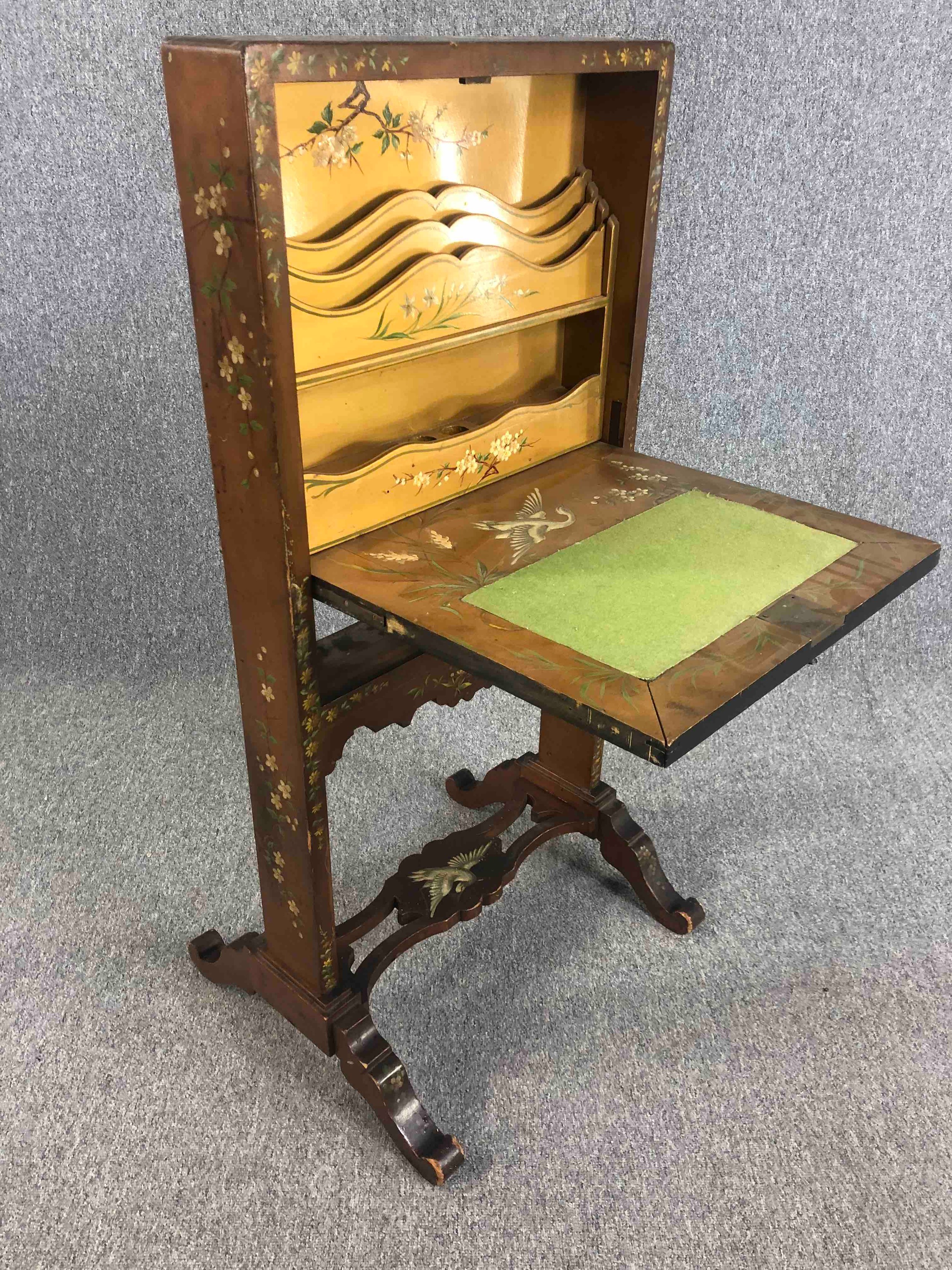 A late 19th century Chinoiserie decorated and lacquered secretaire screen with fall front - Image 6 of 9