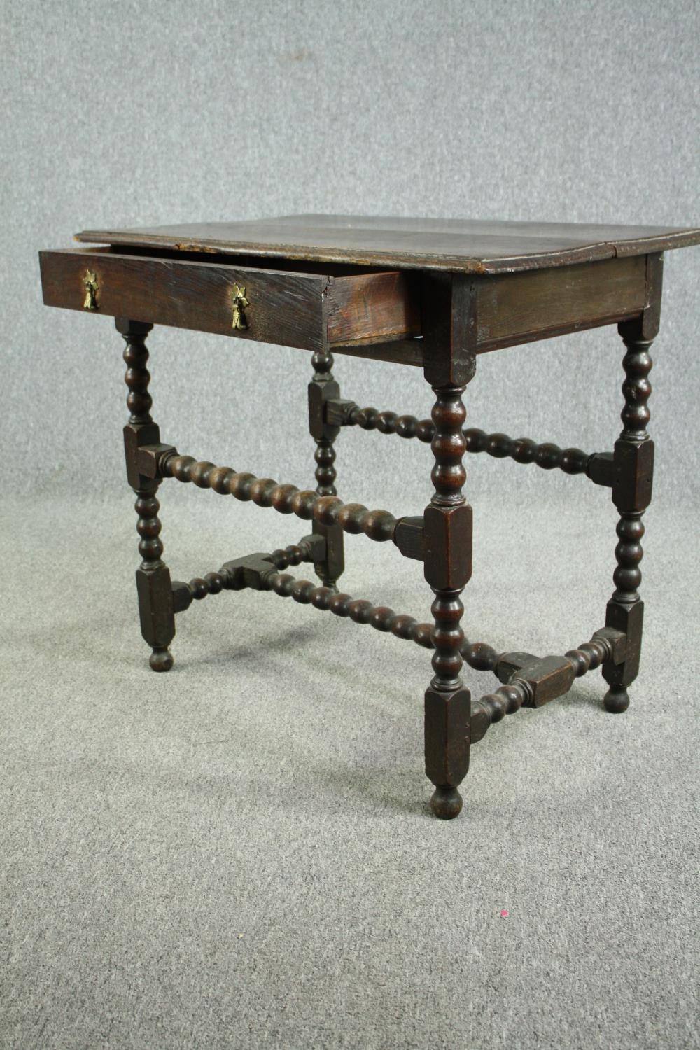 Side table, William and Mary oak with plank top on bobbin turned and stretchered base. Probably with - Image 4 of 9