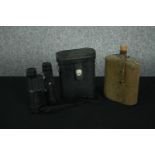 A British WWI water canteen and a pair of Swift Trilyte Mk III binoculars. H.23cm. (largest)