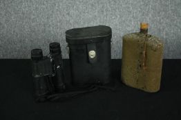 A British WWI water canteen and a pair of Swift Trilyte Mk III binoculars. H.23cm. (largest)