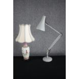 A Herbert Terry anglepoise lamp in a grey finish and a hand painted Chinese table lamp. H.86cm. (
