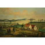 An early to mid nineteenth century oil on board. Landscape with a soldier and figures in the