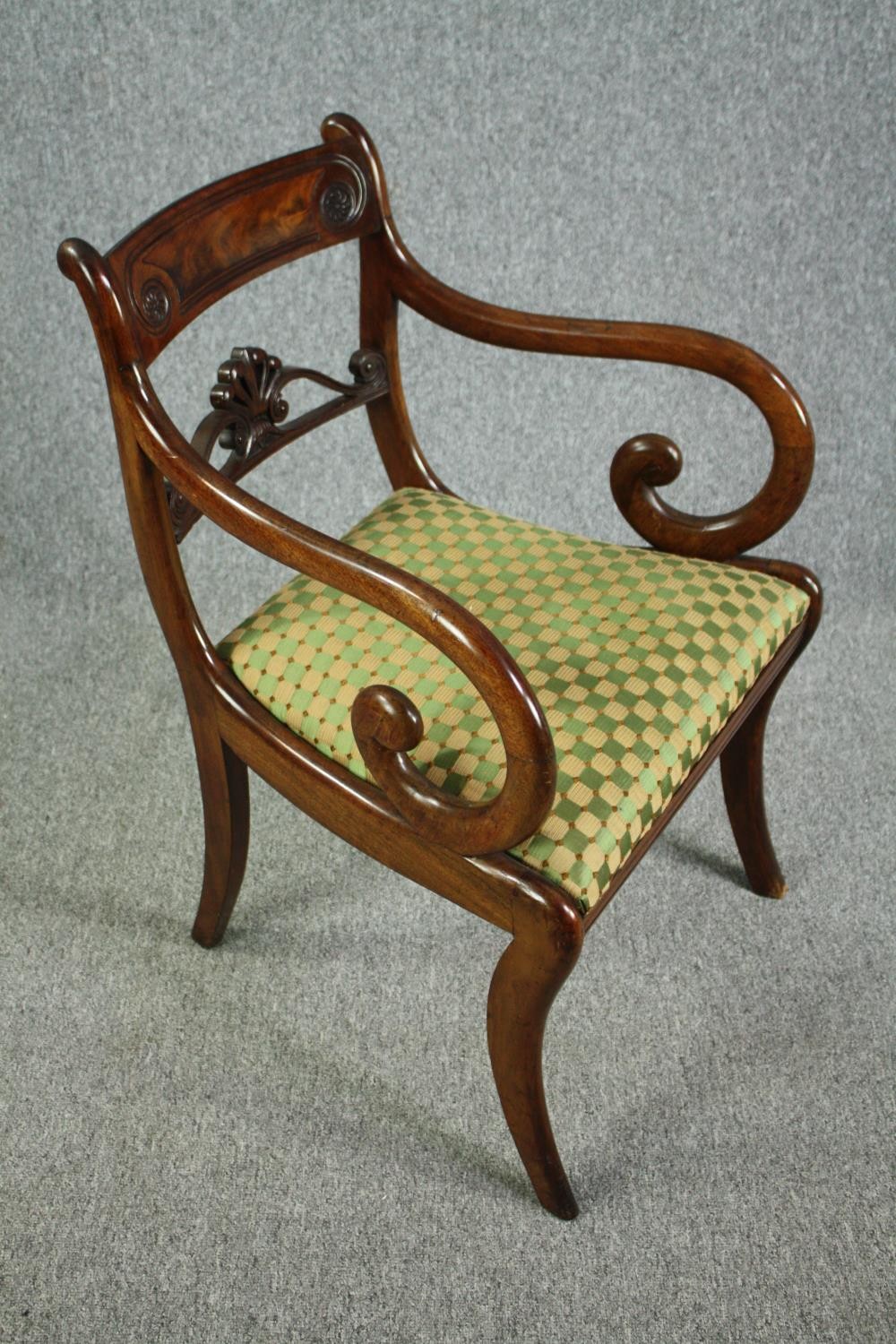 A Regency mahogany armchair along with a 19th century footstool covered in the same material. - Image 3 of 6