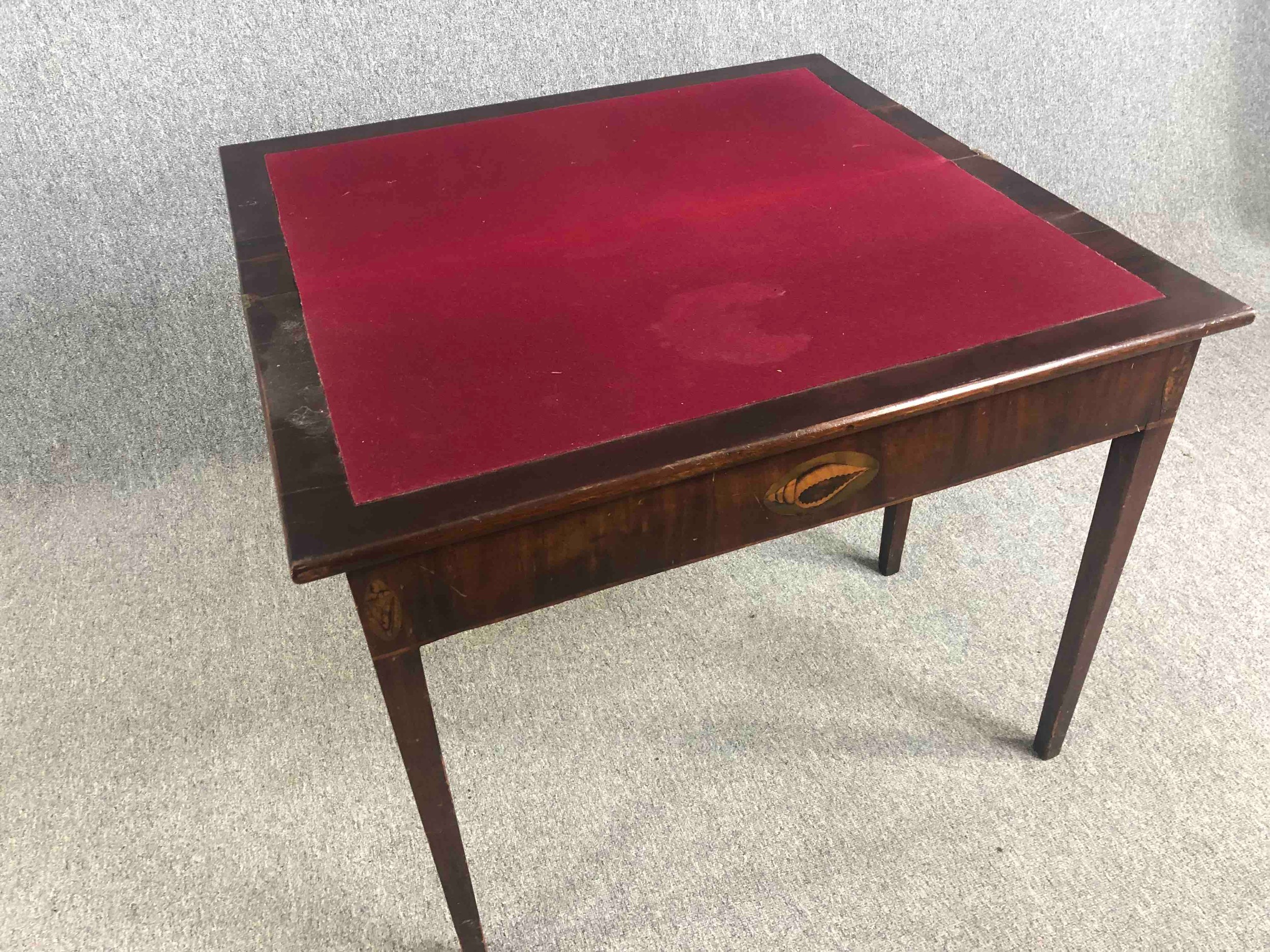 Card table, Georgian mahogany with satinwood and olivewood conch shell inlay. H.72 W.93 D.90cm. - Image 7 of 9