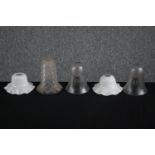 Five glass lampshades. White glass, opaque and cut glass. H.16cm. (largest)