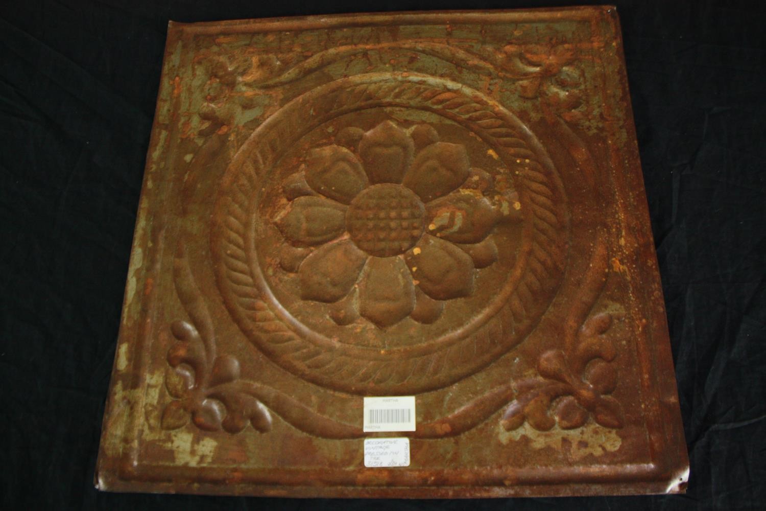 Four early twentieth century suspended ceiling leaf tiles. Three from pressed tin and one copper. - Image 6 of 11