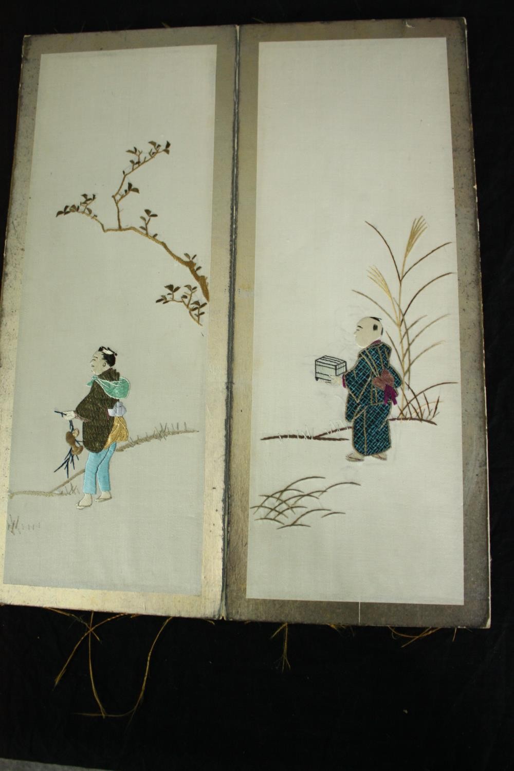 A folding concertina book of Chinese silk embroidered panels. Each containing a figure with - Image 3 of 7