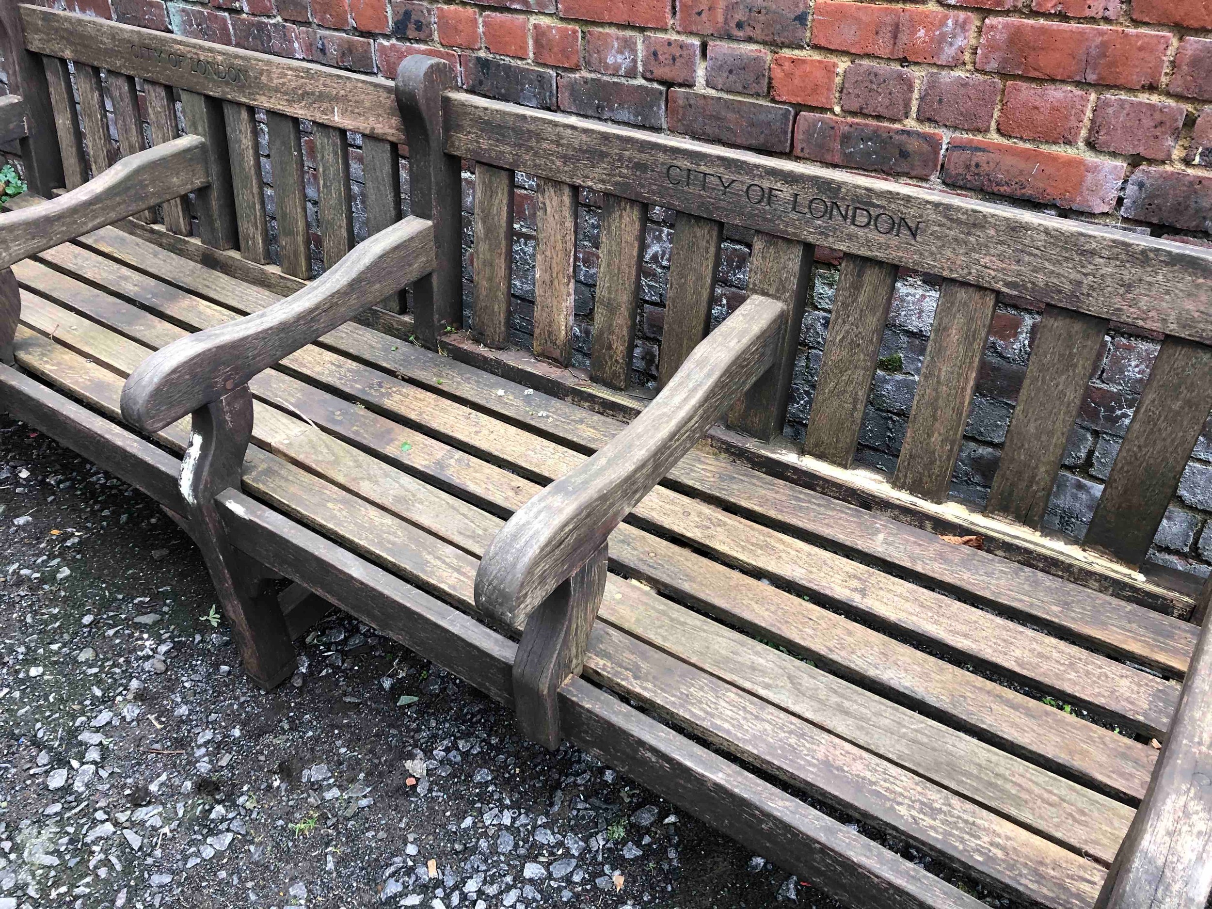 City of London vintage park bench seats in weathered teak. H.91 W.259 D.73cm. - Image 5 of 6
